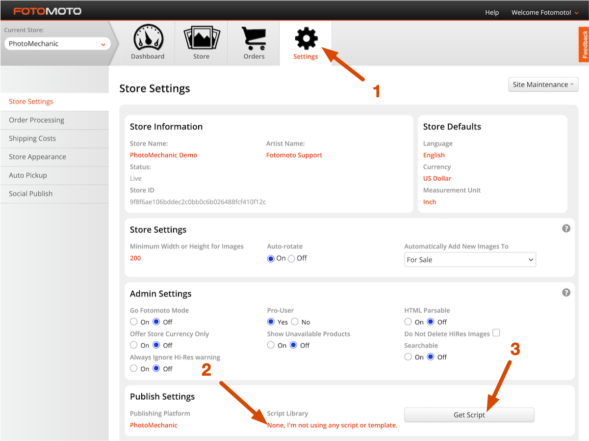 Fotomoto Get Script button on Settings page of Fotomoto Dashboard
