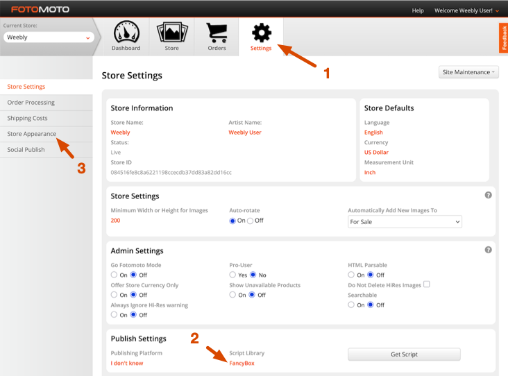 Select fancybox as Script Library in the Fotomoto Dashboard