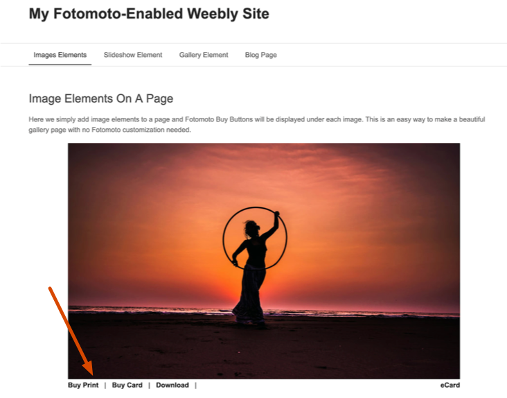 Fotomoto Buy Buttons on an image on a Weebly page