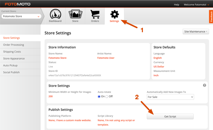 The Get Script button in the Fotomoto Dashboard