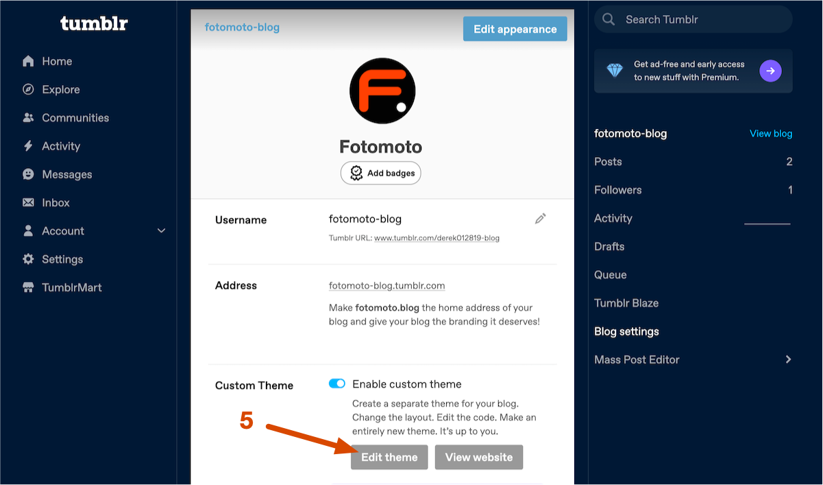 Edit theme button in Tumblr
